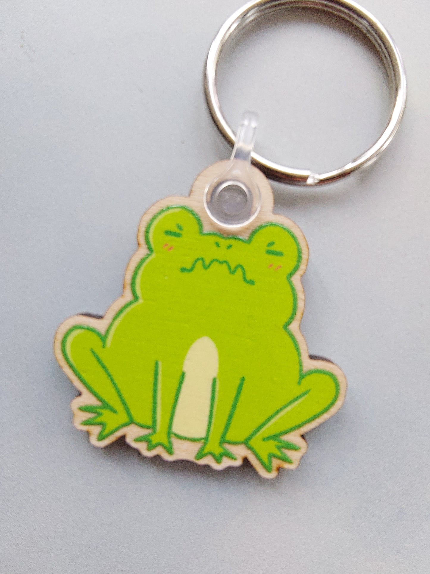 A photo of a keyring. The keyring is of a cute grumpy frog.