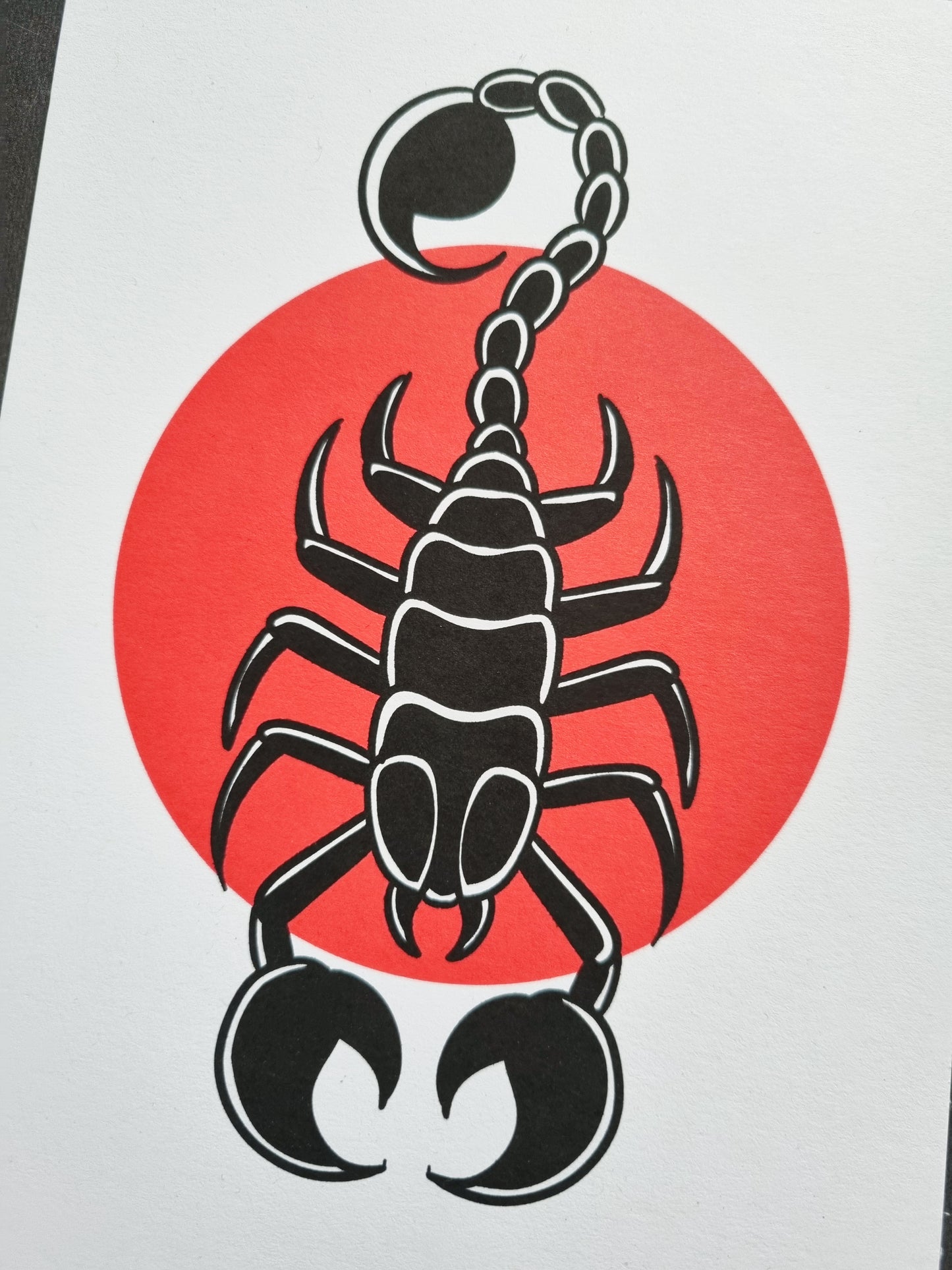 Scorpion A5 Print - EmilsDoodles
A drawing of a scorpion on top of a red circle. The scorpion is black with white highlights.