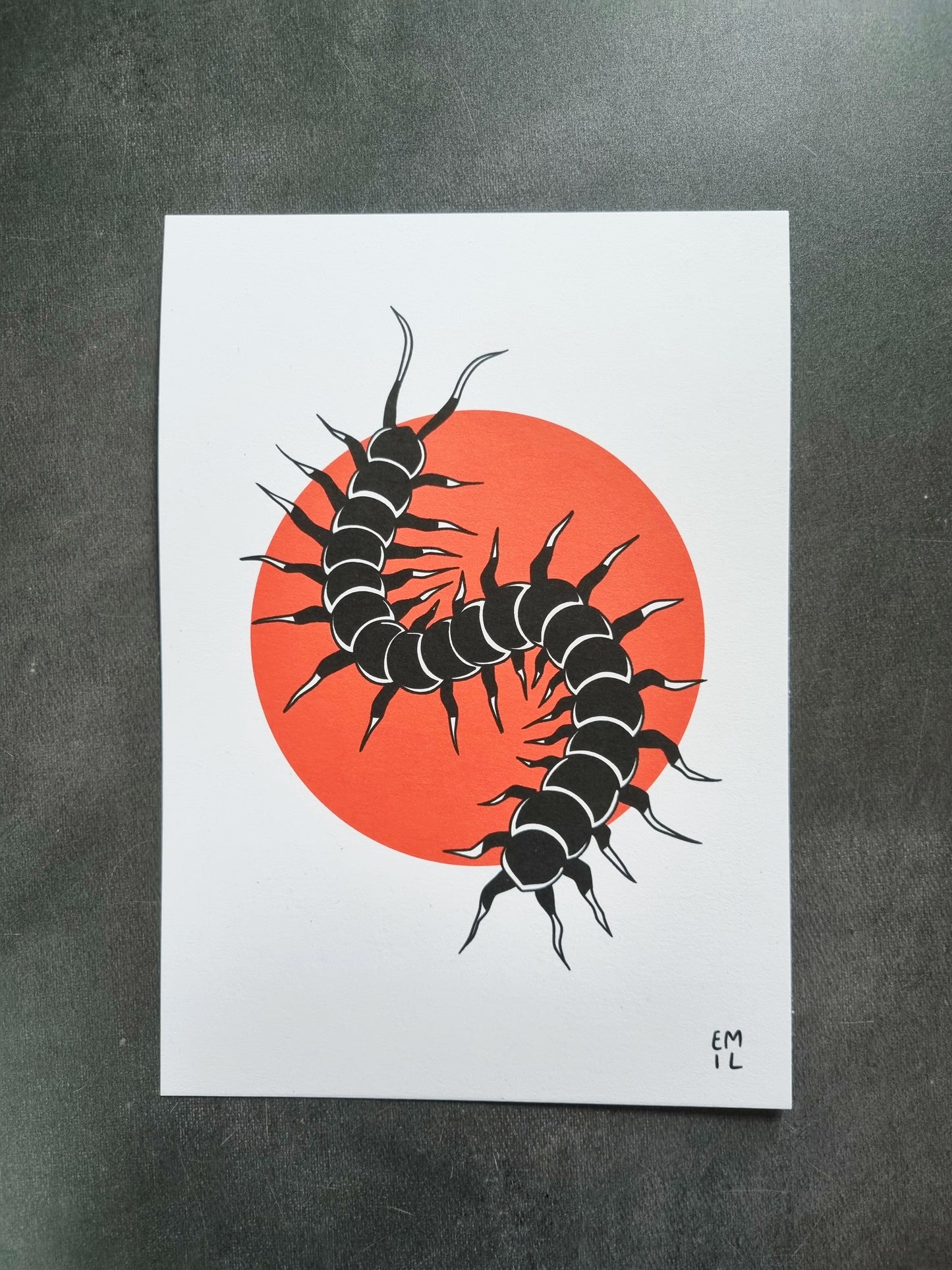 Centipede A5 Art Print - EmilsDoodles
On a grey background, is an art print. On the art print is a centipede which is black with white highlights. Underneath is a red circle.
