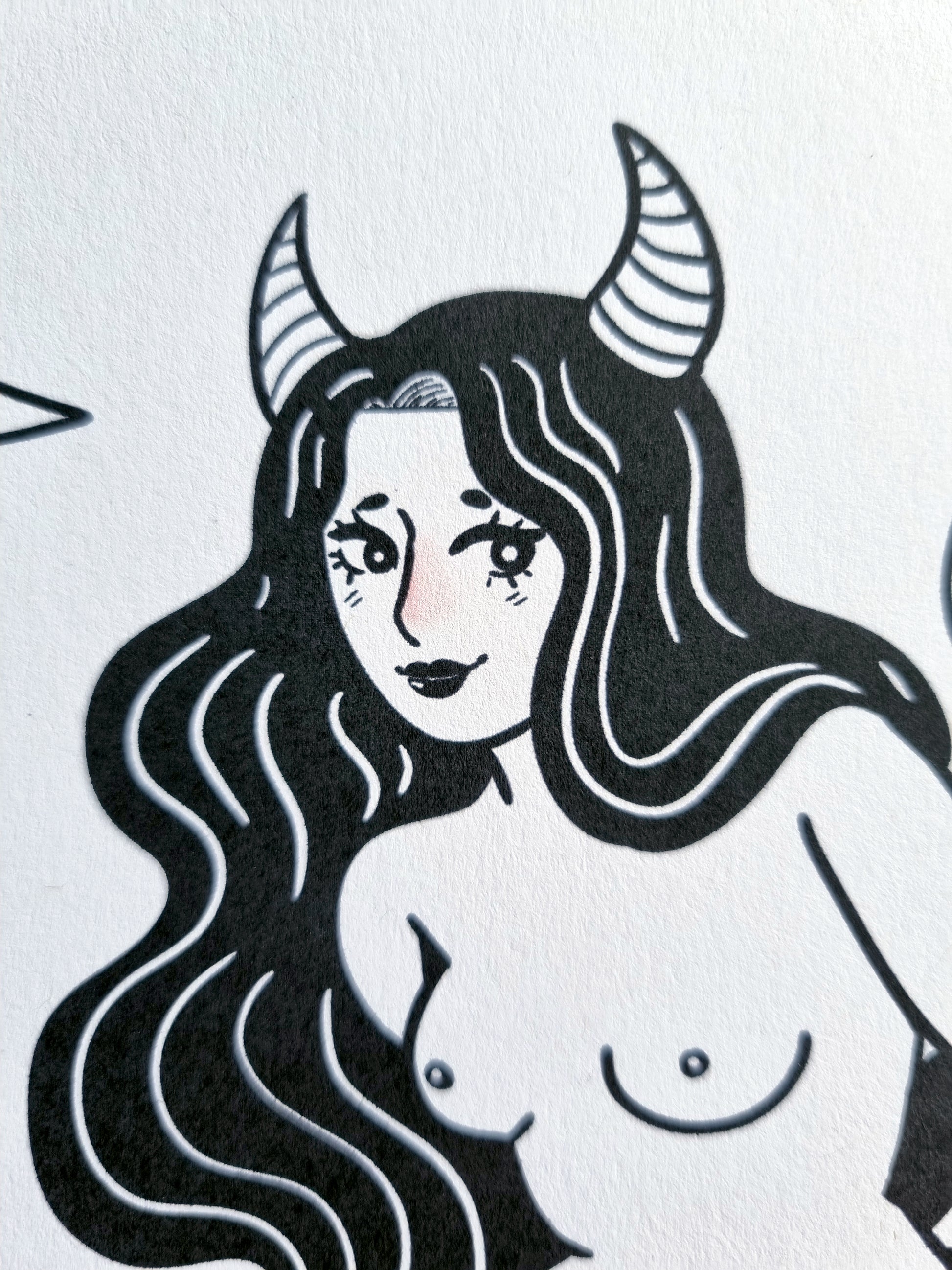 An up close photo of the face and chest of the art print. 