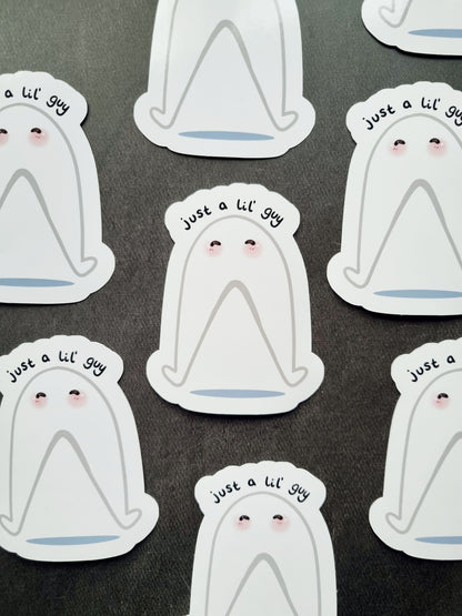 Several stickers on a grey background. The stickers are the fresno nightcrawler in a cute style with the phrase "just a lil' guy." above it.