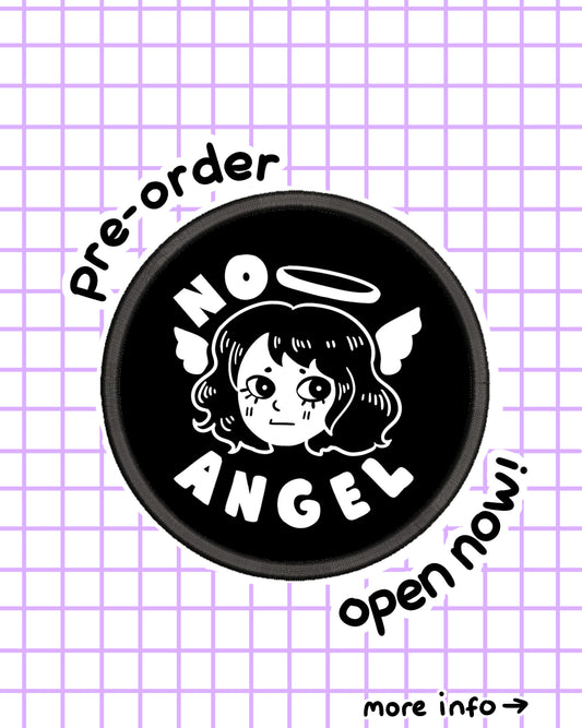 A digital mock up of an iron on patch. The design is a cute angel with the phrase "no angel" around it.