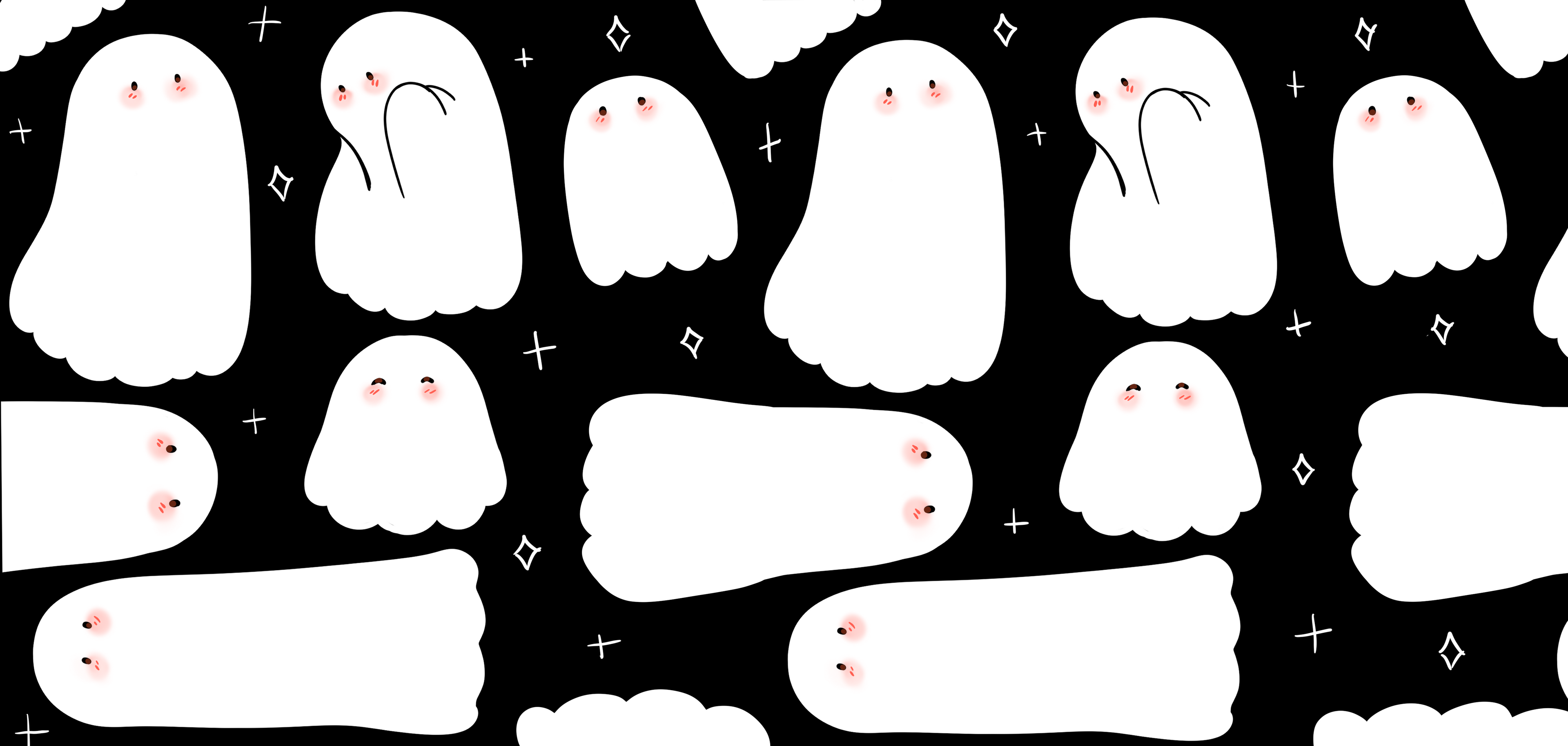 A repeating pattern of cute ghosts with rosy cheeks on a black background with stars in between each ghost.