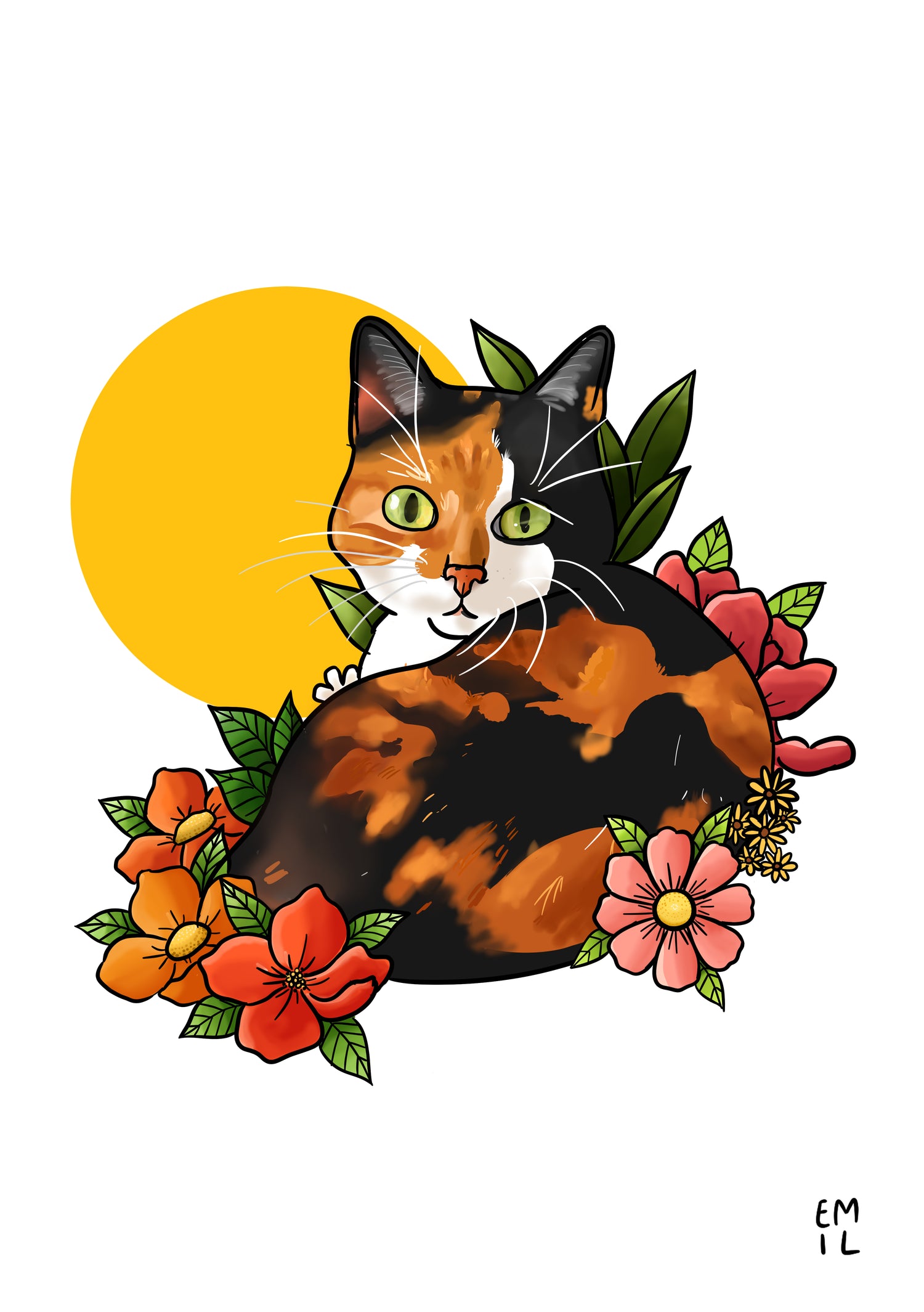 A drawing of a calico cat, surrounded by flowers. To the left side of her face is a yellow circle.